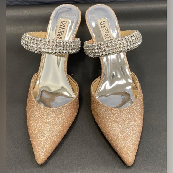Badgley Mischka Jewel Gold Glitter Jan Strappy Pointed Toe Heels Mule 8 - Picture 3 of 16